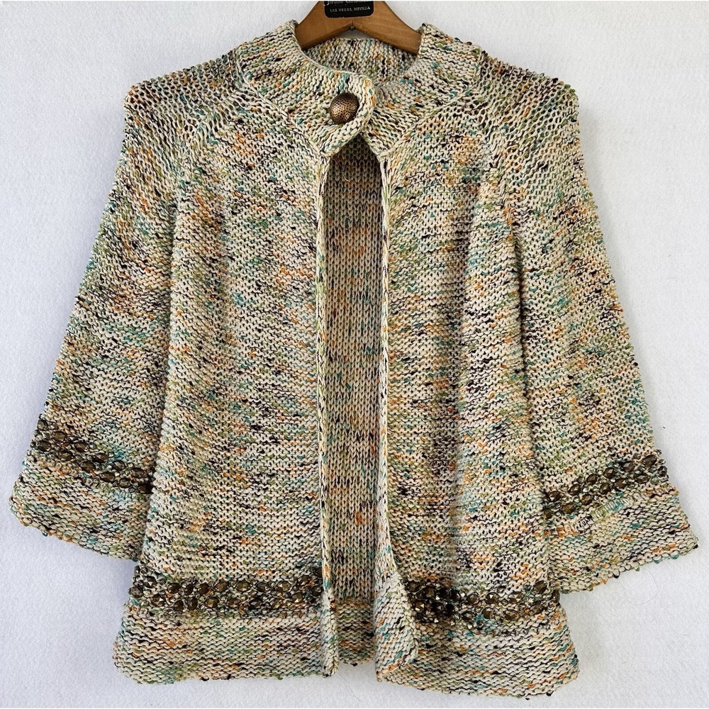 BCBG Cardigan Embellished Open Knit Women Large Cream Excellent
